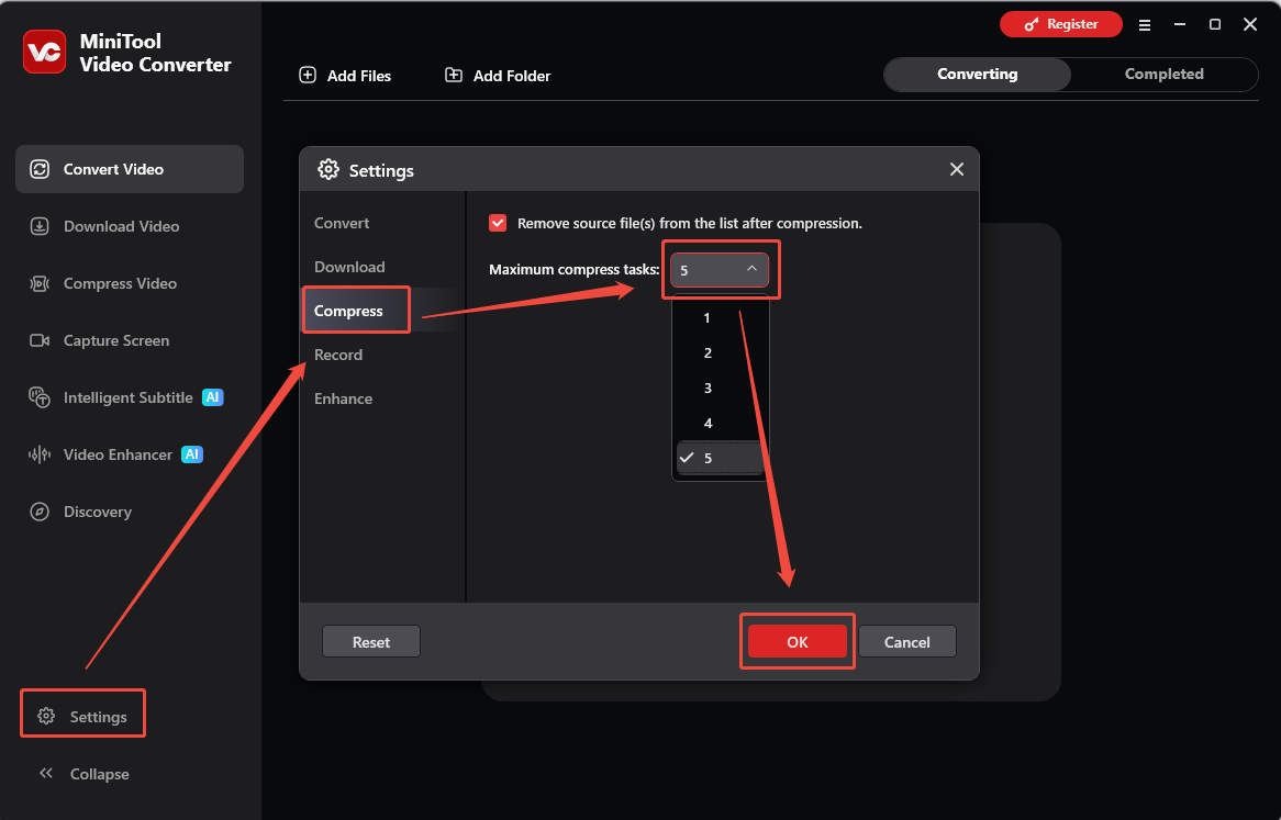 MiniTool Video Converter Settings interface showing how to set the compress task.