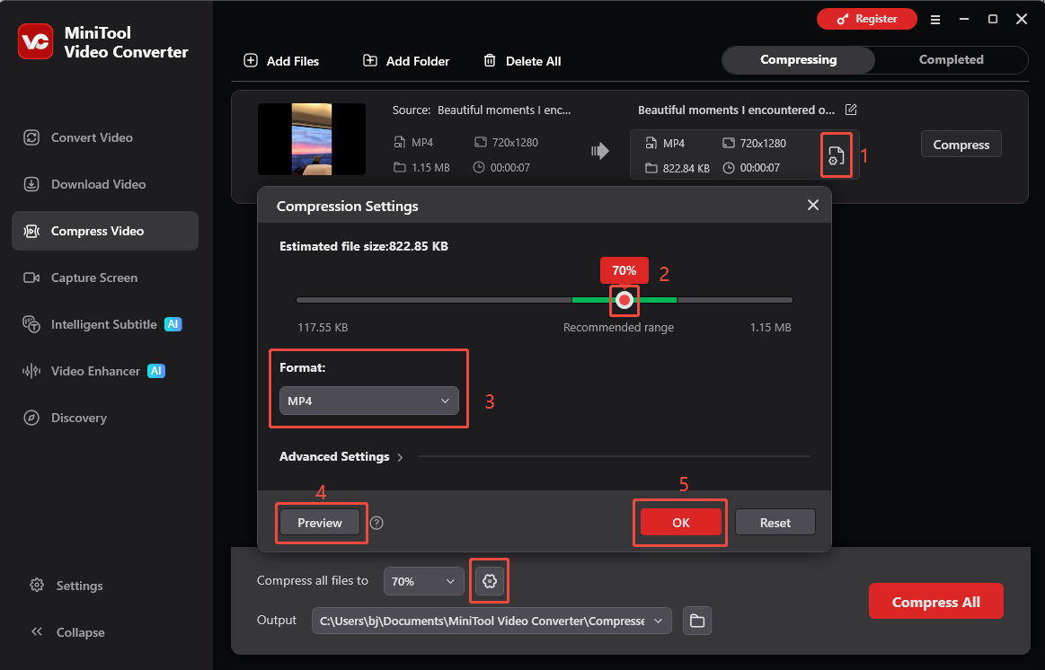 MiniTool Video Converter interface showing how to set the video compression settings under the Compress Video tab.
