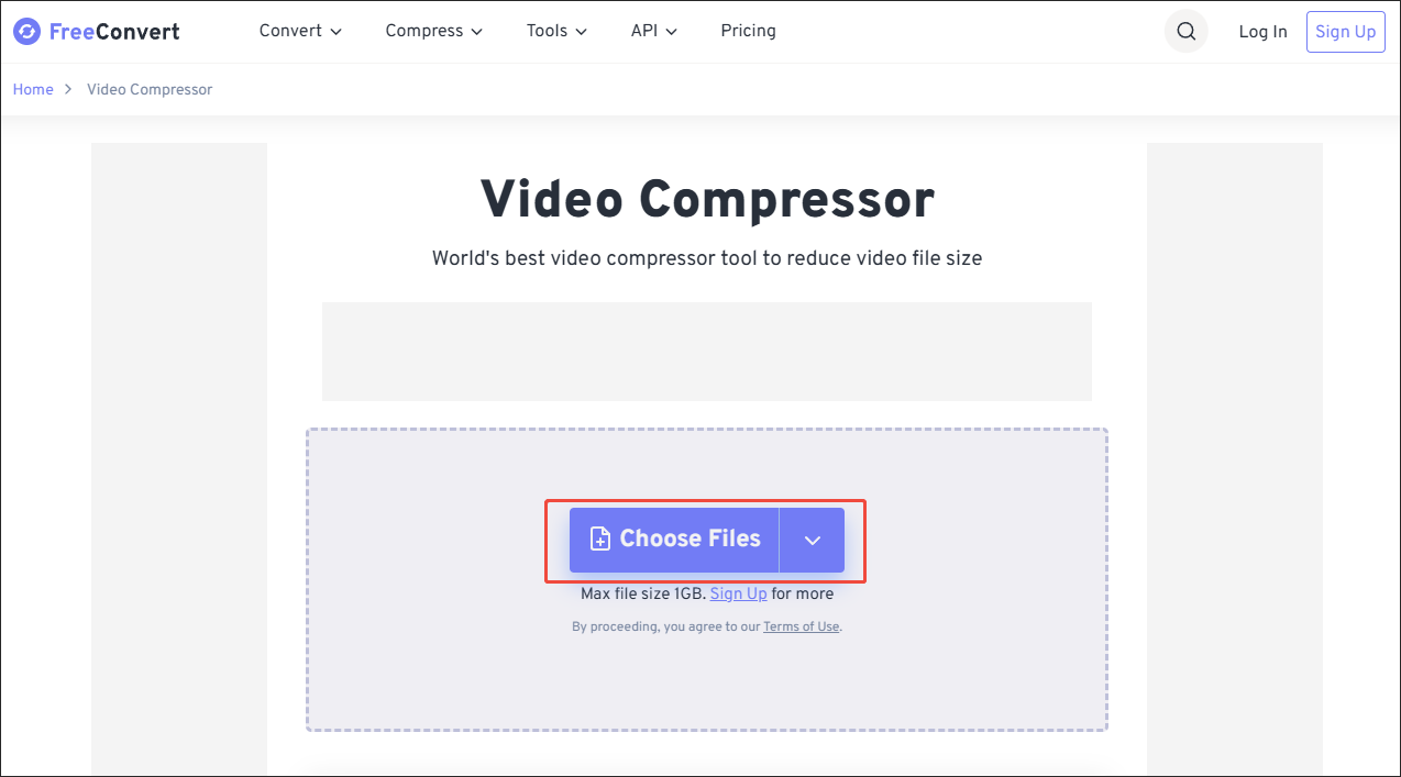 FreeConverter Video Compressor interface with the Choose Files option selected.