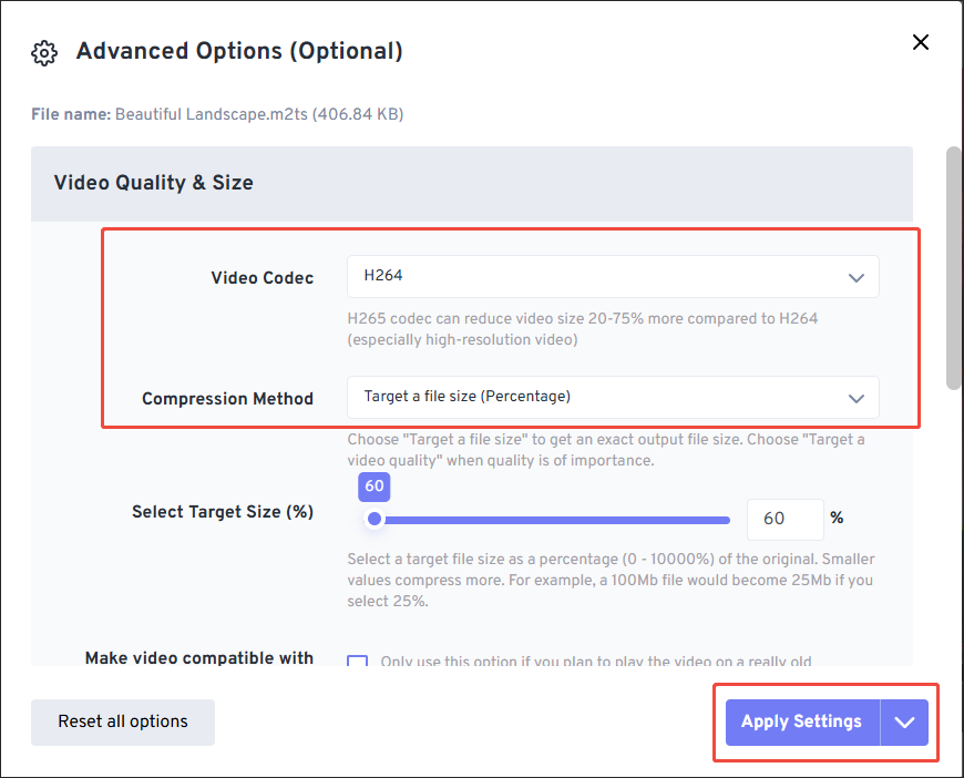 FreeConverter interface showing how to set the video compression parameters.