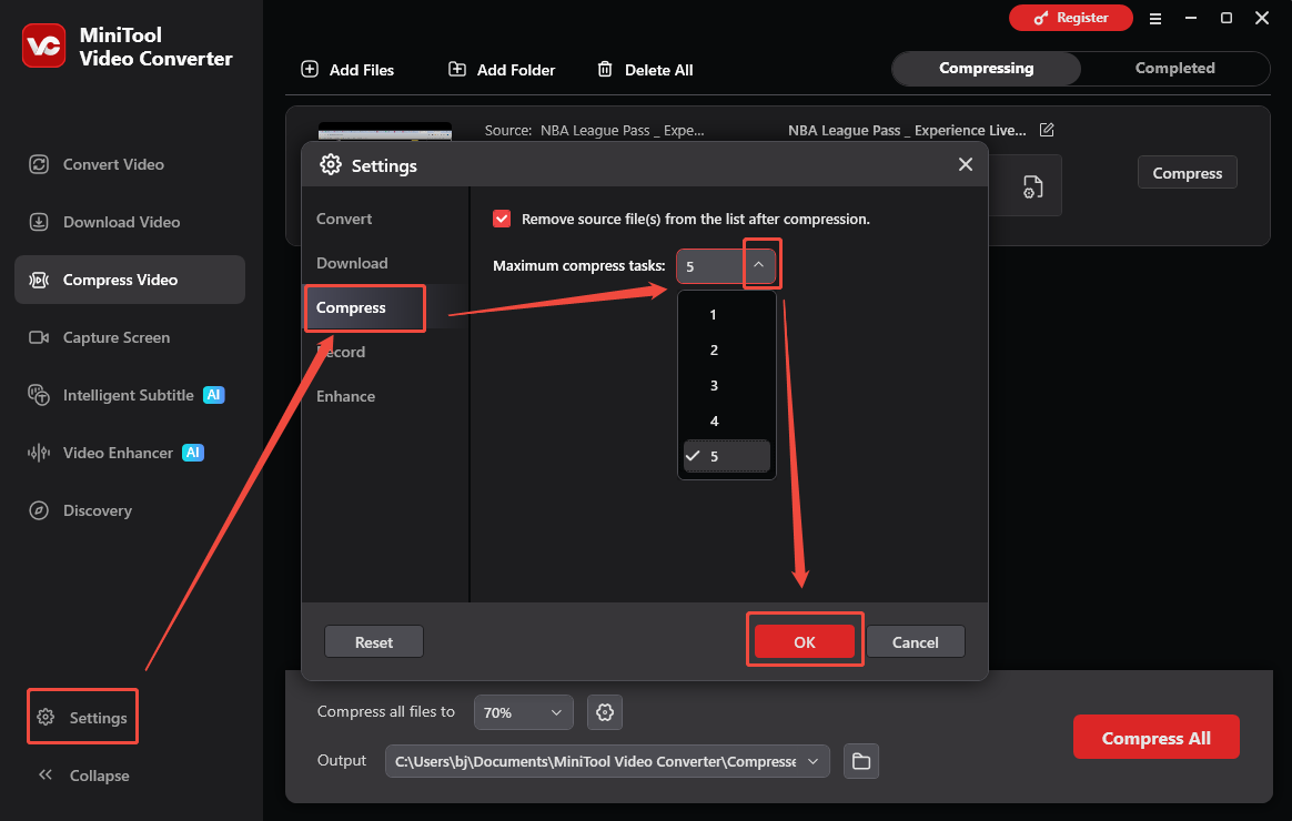 MiniTool Video Converter Settings interface showing how to set the maximum compression task.