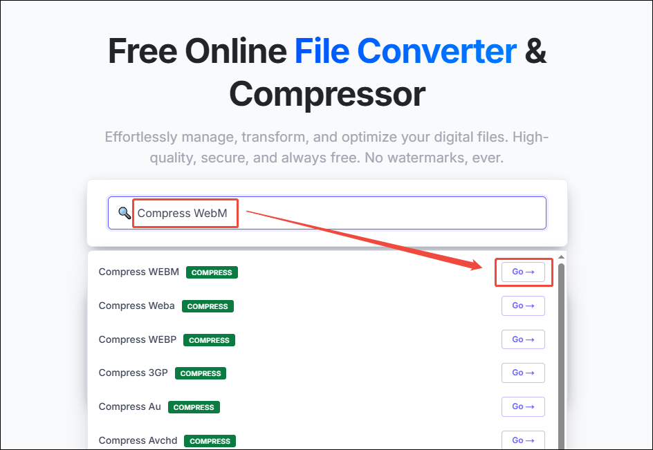 XConvert interface showing how to enter the WebM compressor interface.