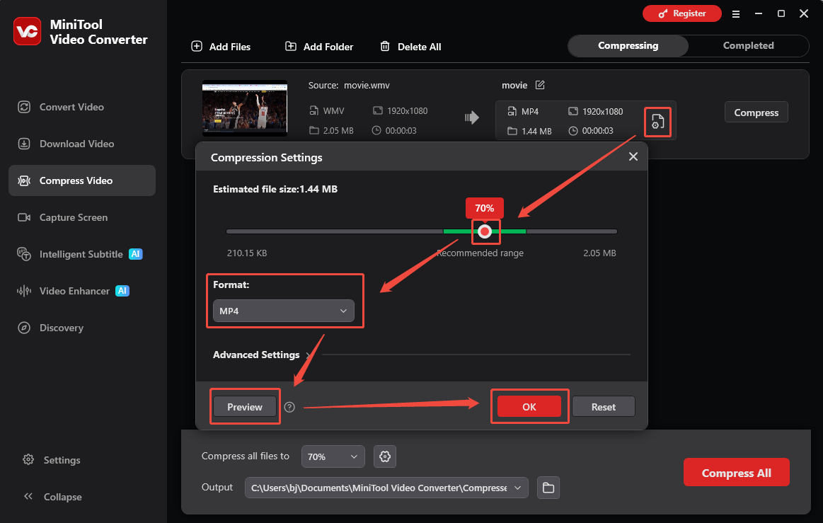 MiniTool Video Converter interface showing how to set the video compression level and preview the video.