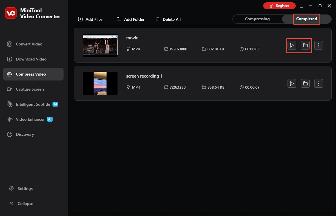 MiniTool Video Converter Compress Video interface with the play and folder icons selected under the Completed tab.