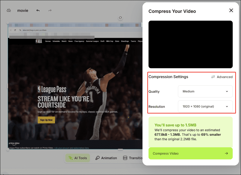 VEED.IO video compression interface with the Compression Settings section selected.