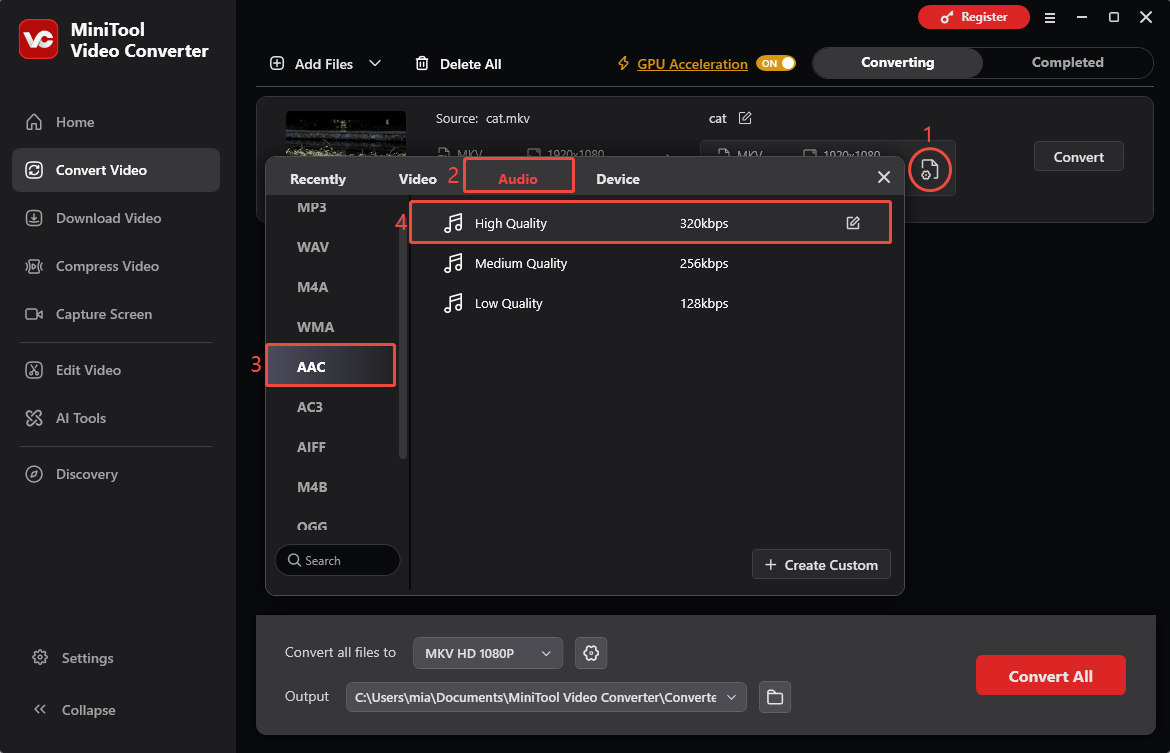 MiniTool Video Converter interface showing how to choose AAC as the output format.