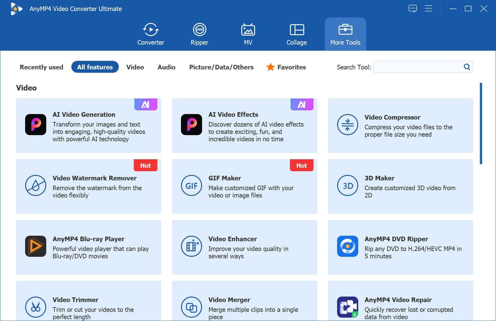 AnyMP4 Video Converter Ultimate More Tools interface.