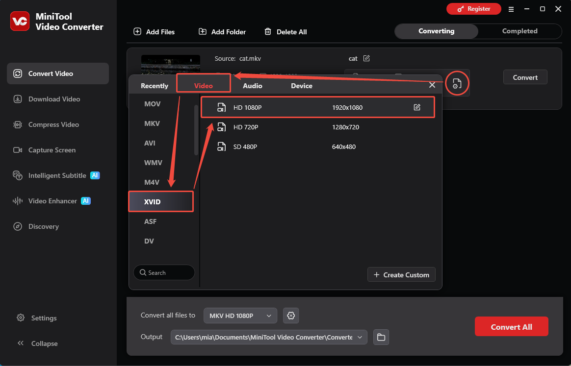 MiniTool Video Converter interface showing how to choose XVID as the output format.