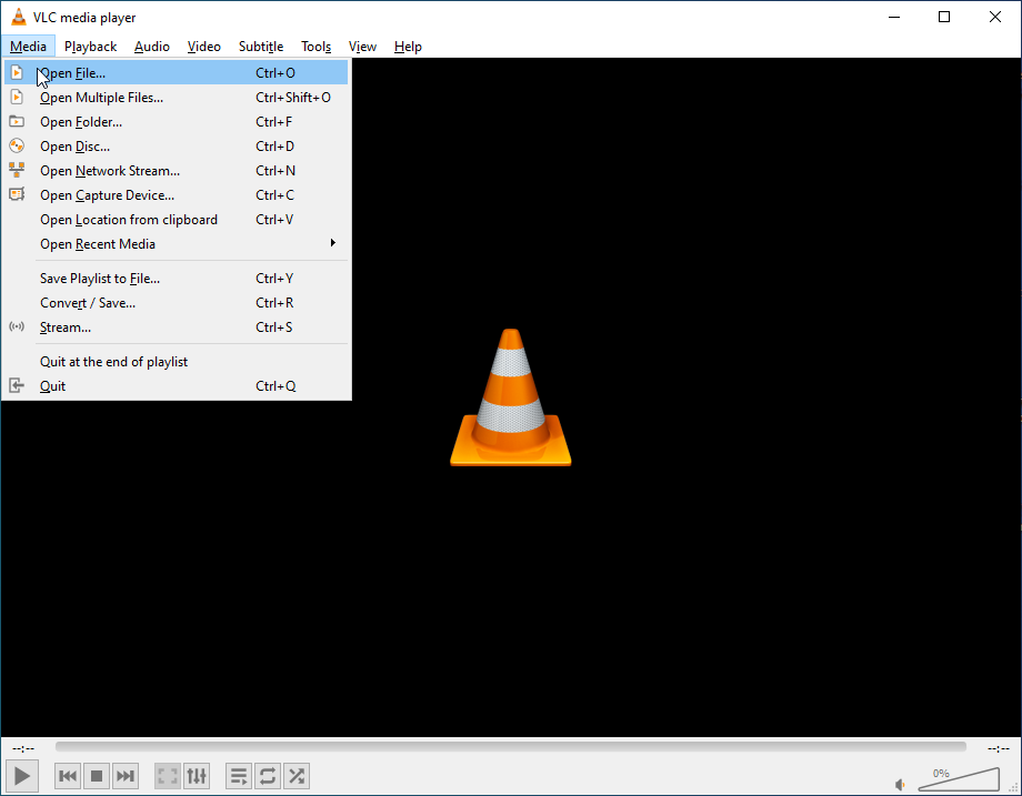 VLC media player interface with the Open File option selected in the Media menu.