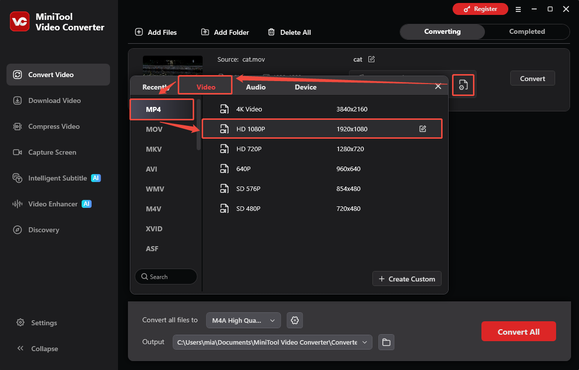 MiniTool Video Converter interface showing how to choose MP4 as the output format.