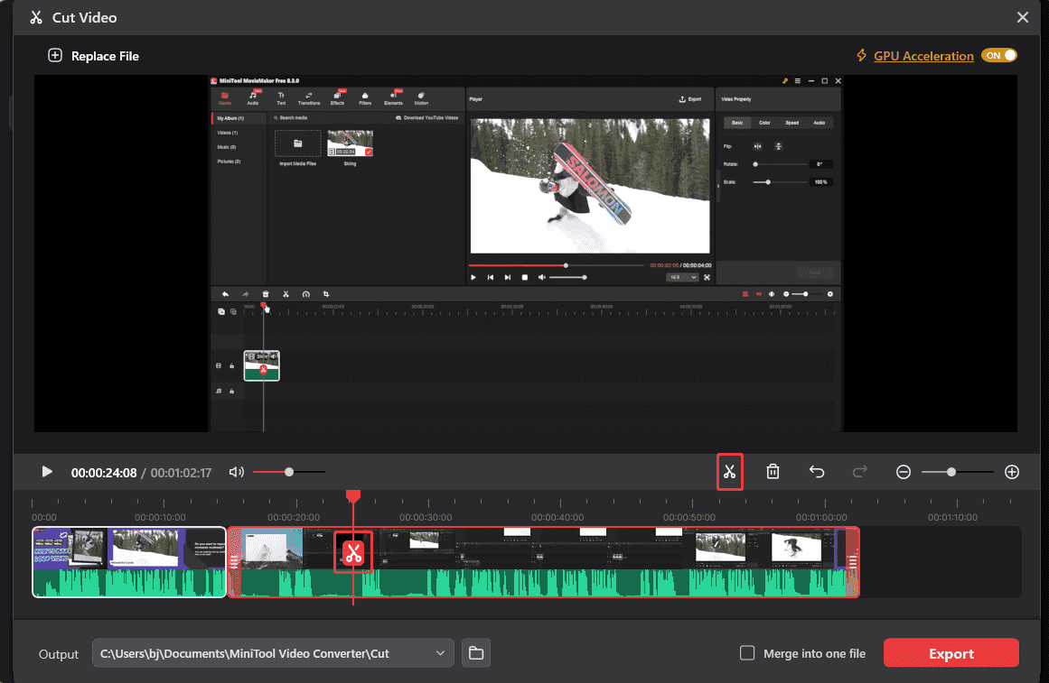 MiniTool Video Converter Cut Video interface with the Cut icon selected.