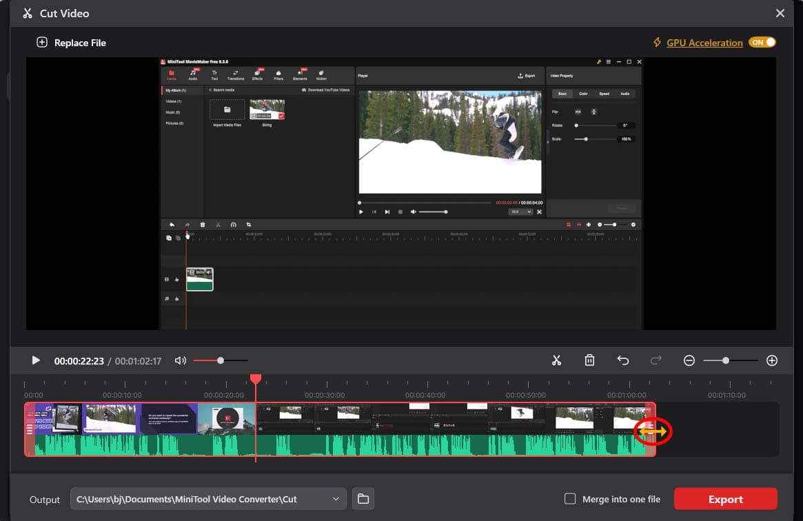 MiniTool Video Converter Cut Video interface with the double arrow icon selected.