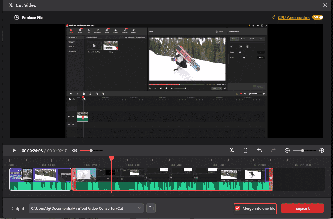 MiniTool Video Converter Cut Video interface with the Merge into one file option selected.