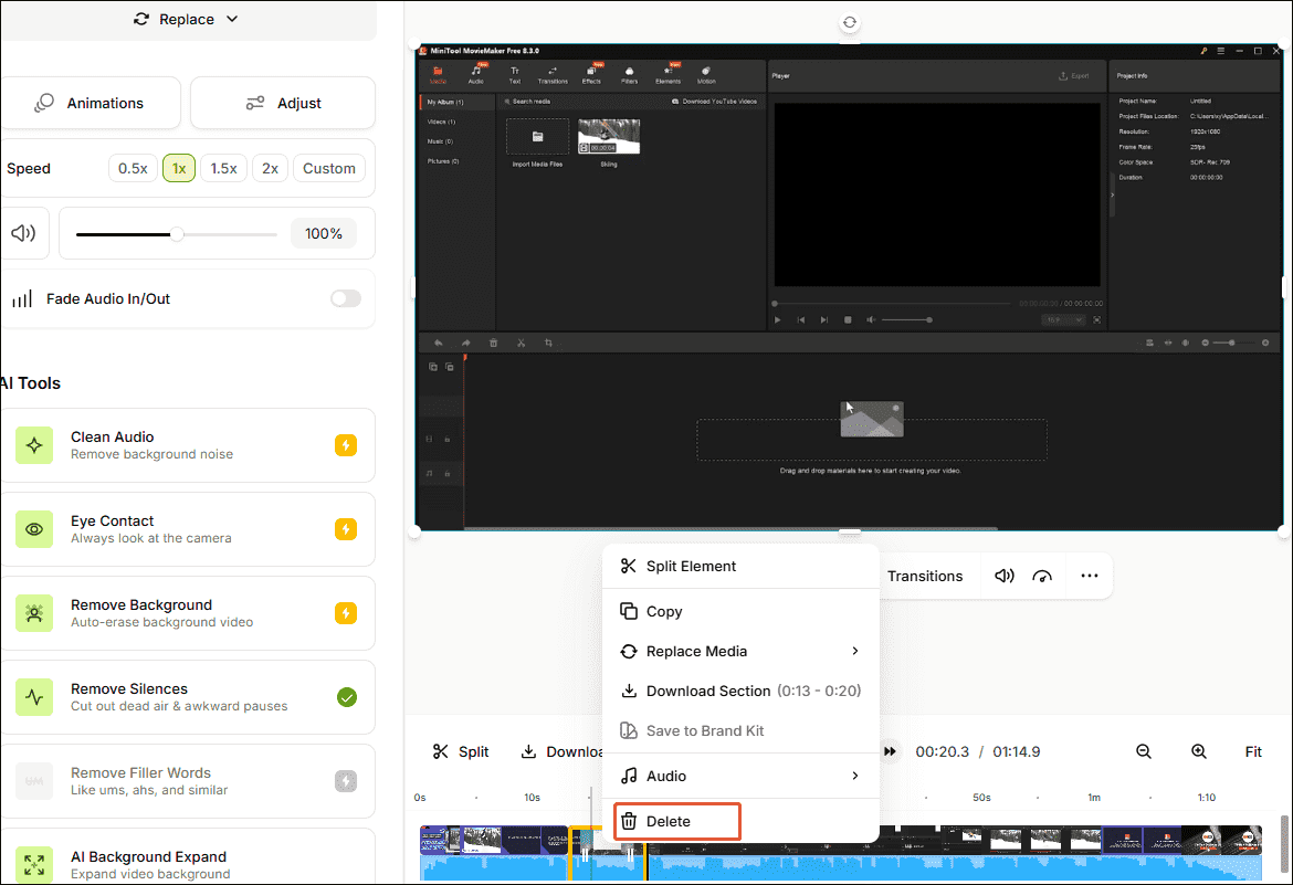 VEED video cut interface with a video segment selected and the Deleted option selected.