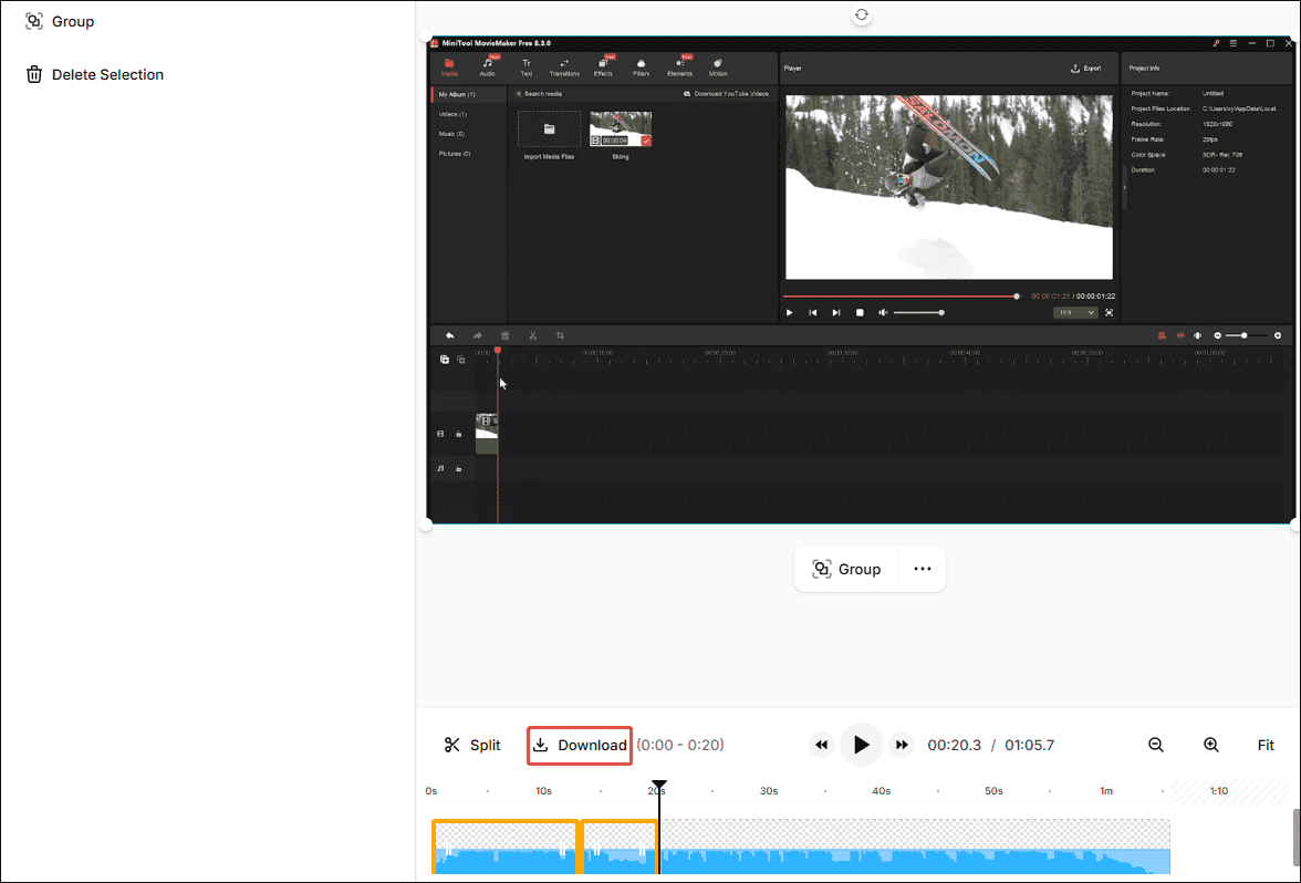 VEED video cut interface with the Download option selected.