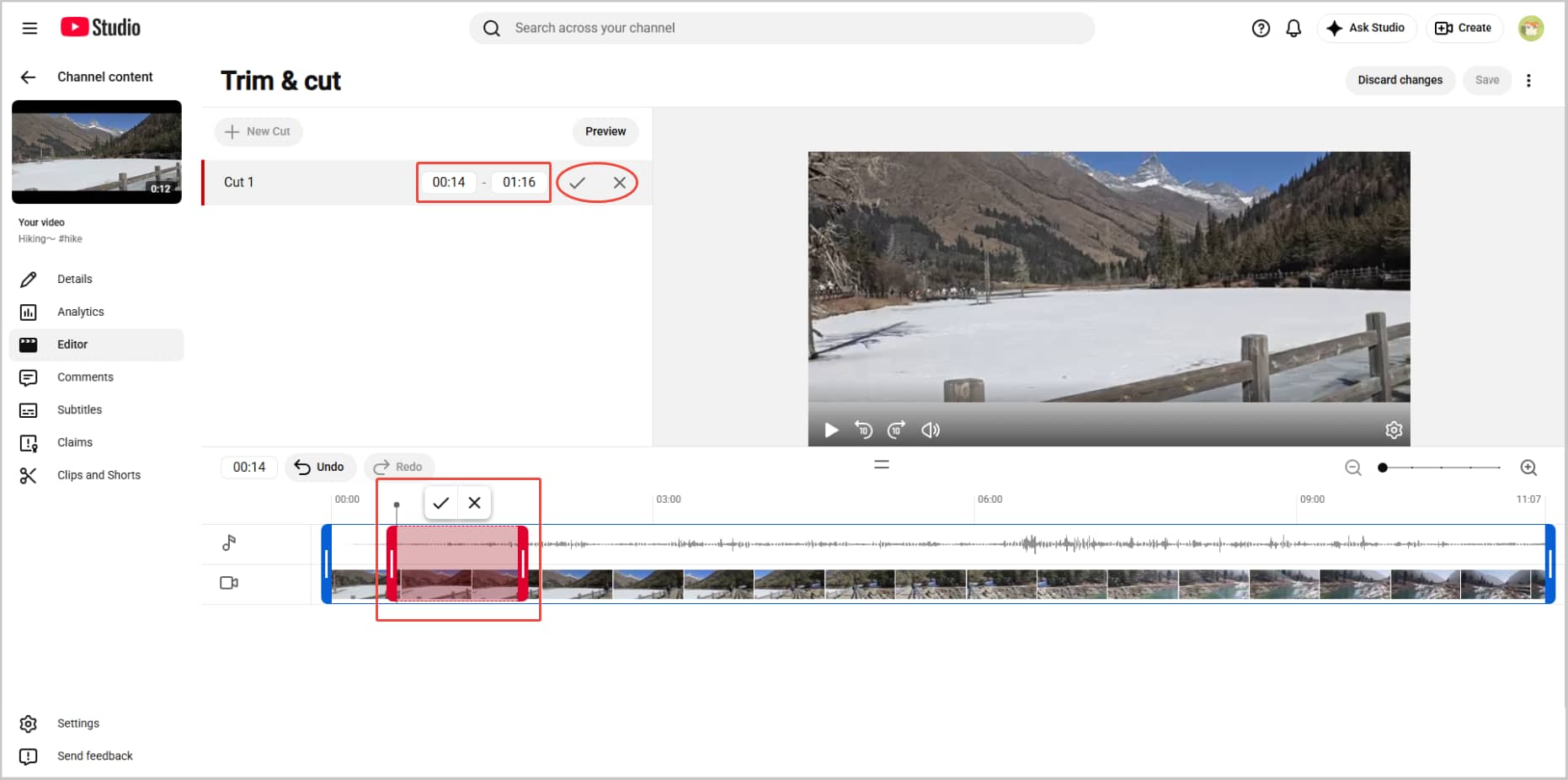YouTube Studio Trim and cut page showing how to make a new clip from the original video.