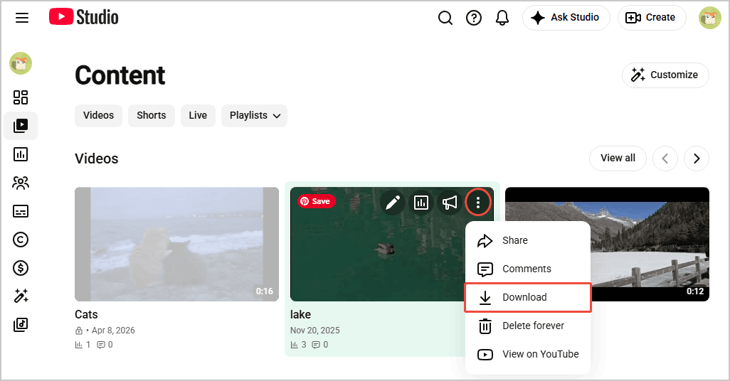 YouTube Studio Content page showing how to download a published YouTube video.
