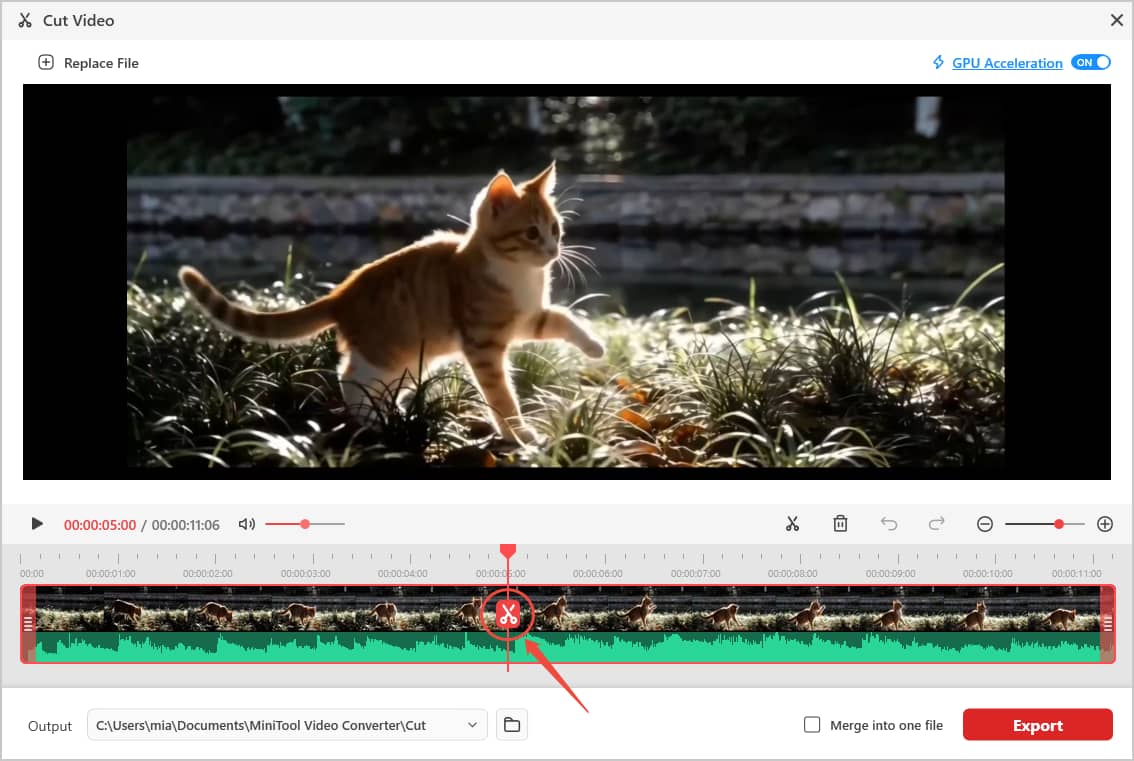 MiniTool Video Converter Cut Video window with the scissors icon pointed by an arrow.