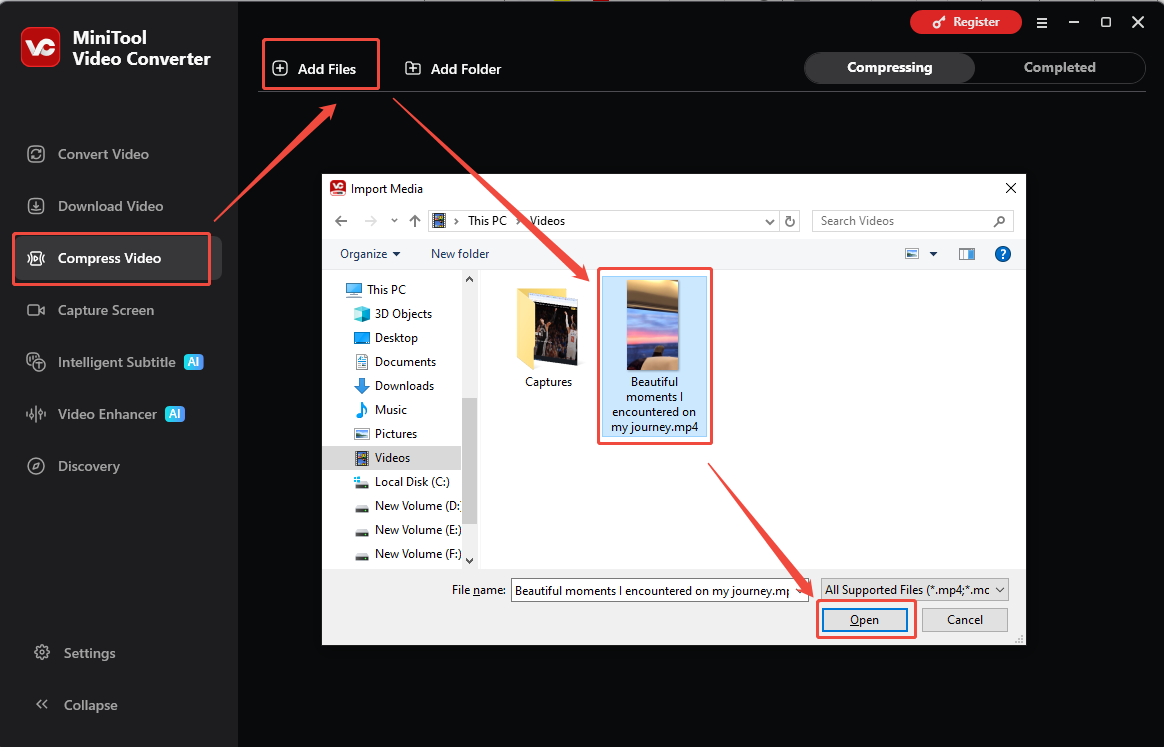 MiniTool Video Converter interface showing how to import a video file under the Compress Video tab.