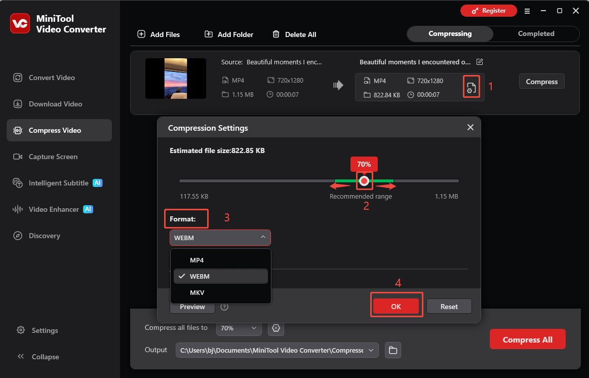 MiniTool Video Converter interface showing how to set the video compression settings.