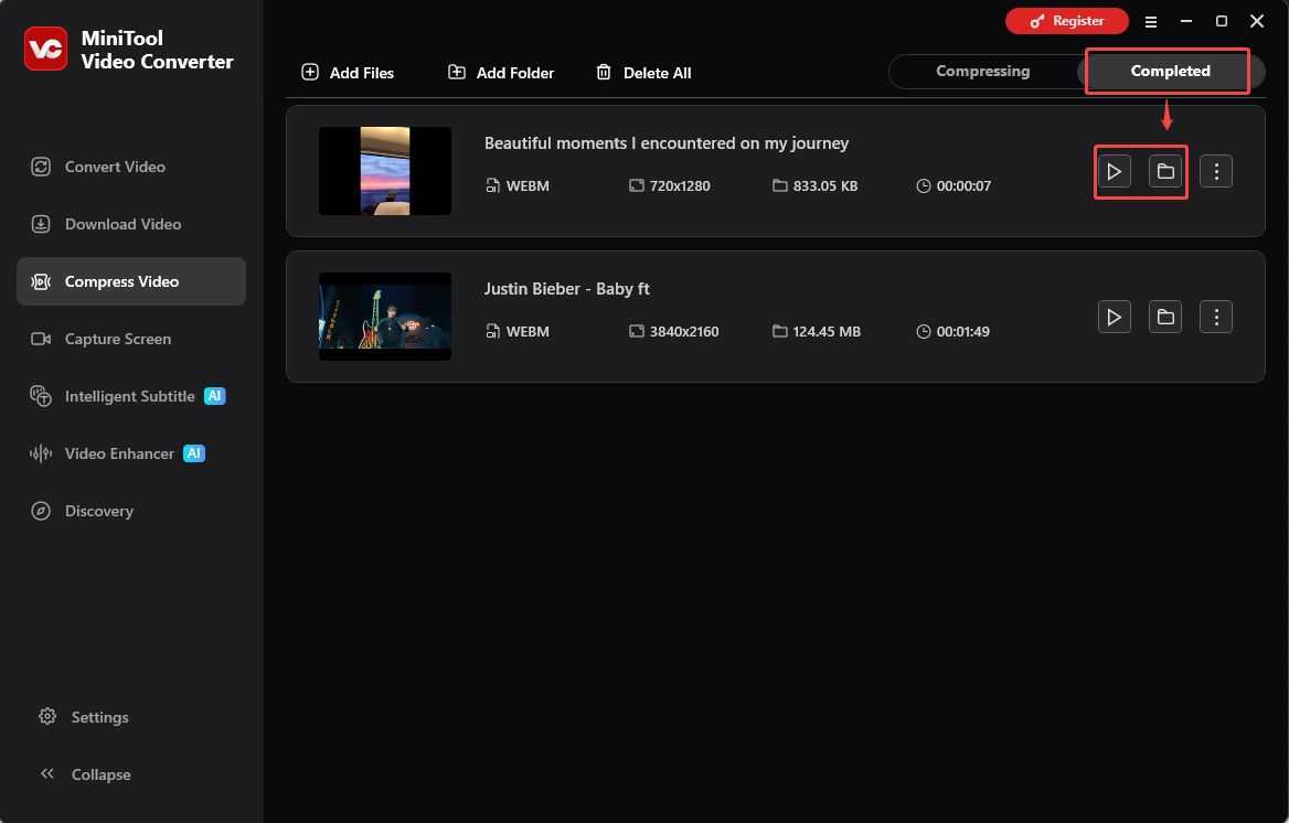MiniTool Video Converter interface showing how to check the compressed video under the Completed tab.