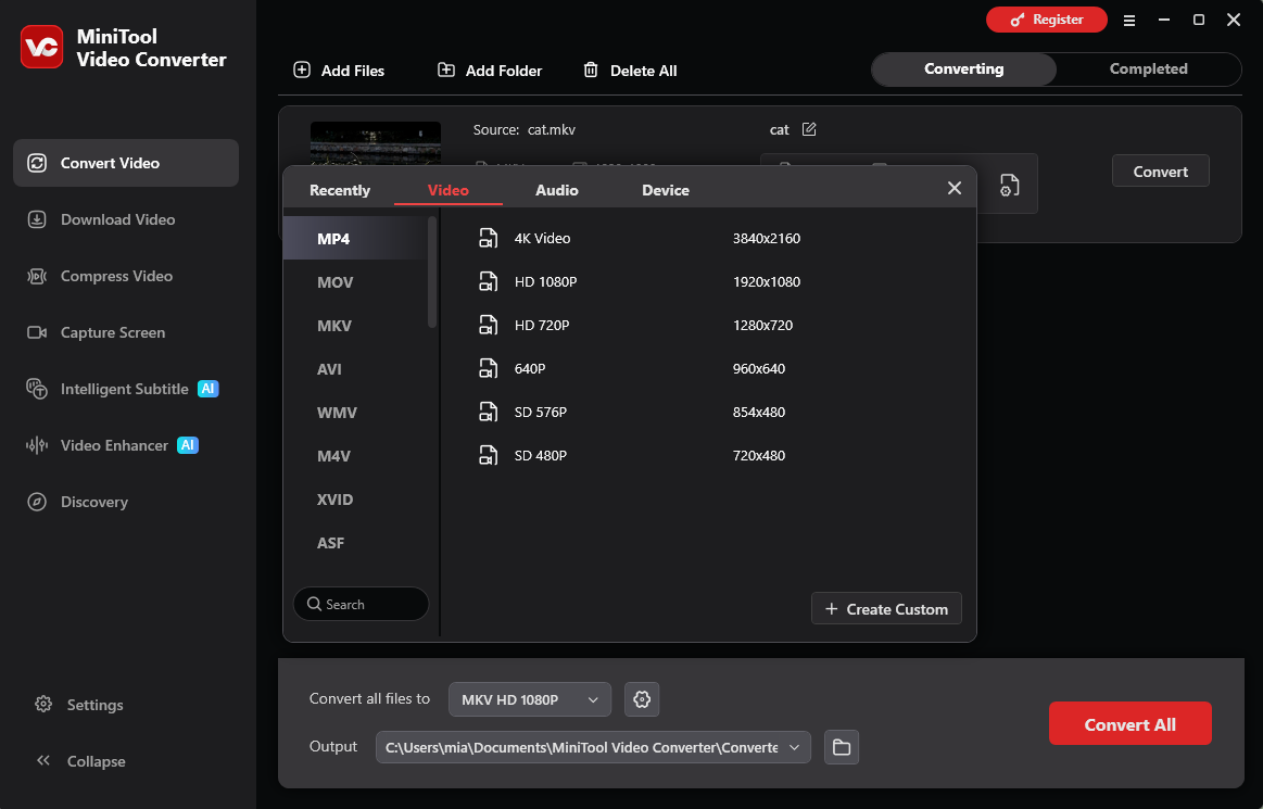 MiniTool Video Converter with an output format window in the middle.
