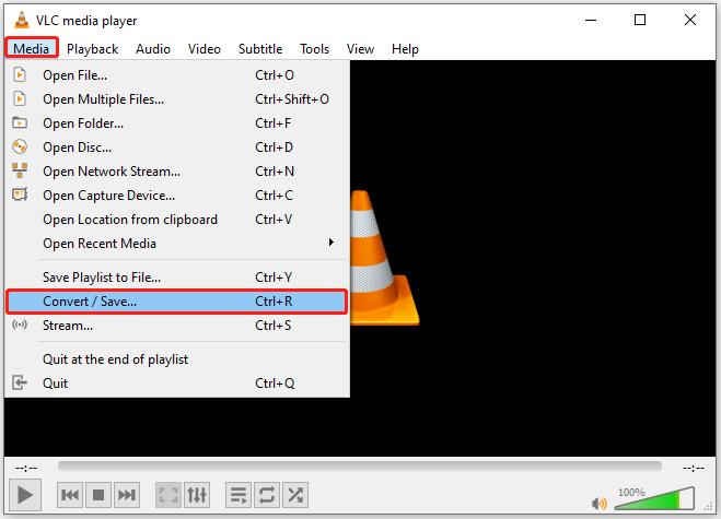VLC media player interface with the Media option expanded and the Convert / Save option selected