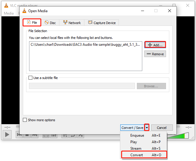 VLC media player Open Media popup showing how to add an EAC3 file to convert