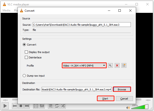 VLC media player Convert window showing how to start converting the added EAC3 file