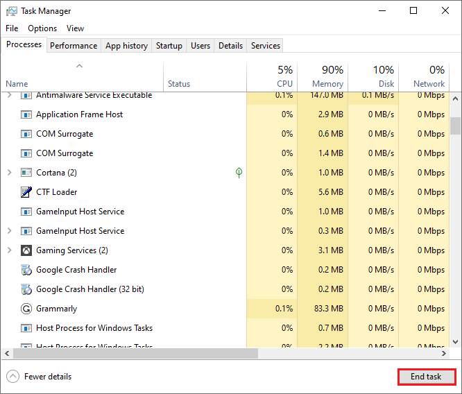 Windows Task Manager window with the End task option selected