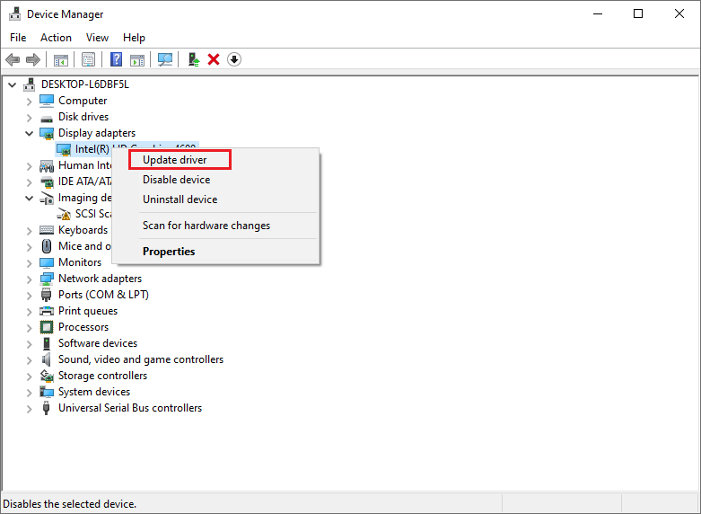 Windows Device Manager window with the Update driver context menu option selected for Intel graphics