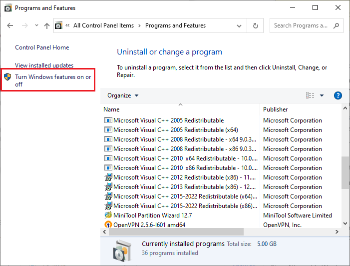 Programs and Features window with the Turn Windows features on or off option selected on the left menu.