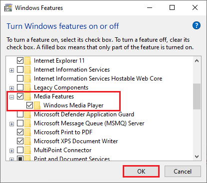 Windows Features window with the Windows Media Player option checked under the Media Features category.