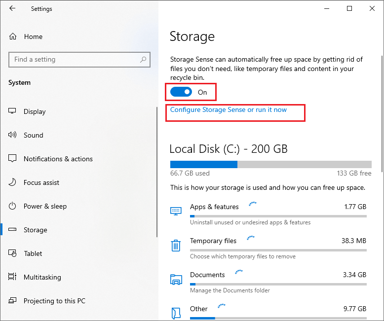 Windows Storage settings page with the Configure Storage Sense or run it now option turned on.