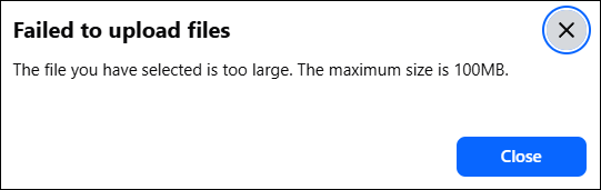 Facebook Messenger error message showing failed to upload files because the maximum size is 100MB.