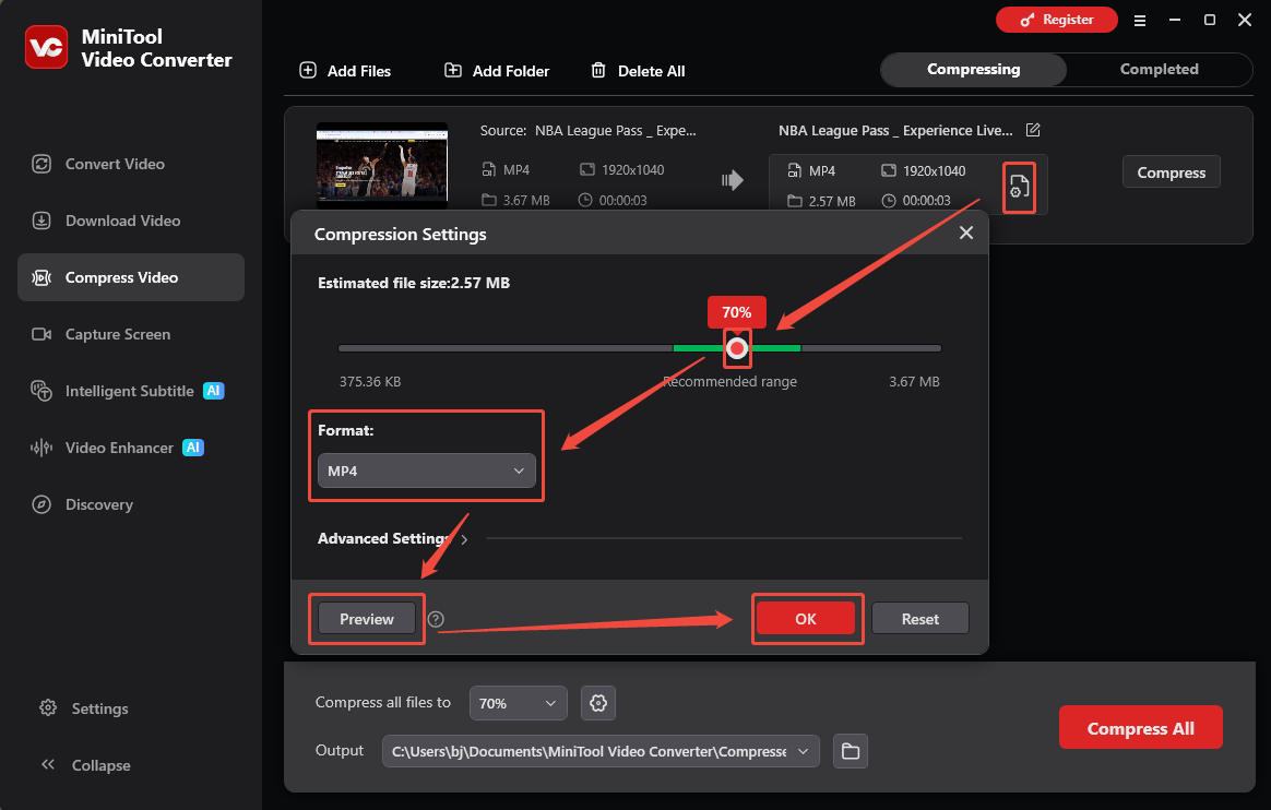 MiniTool Video Converter interface showing how to adjust the compression level and preview the video.