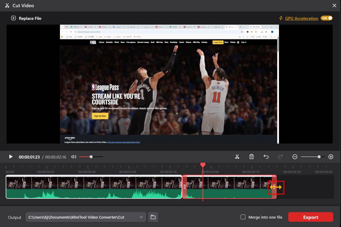 MiniTool Video Converter Cut Video interface showing how to trim the end part of the video.