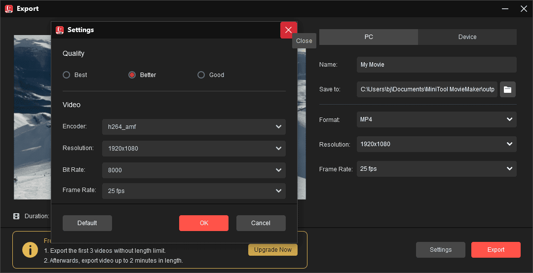 MiniTool MovieMaker interface showing the Video Settings window.