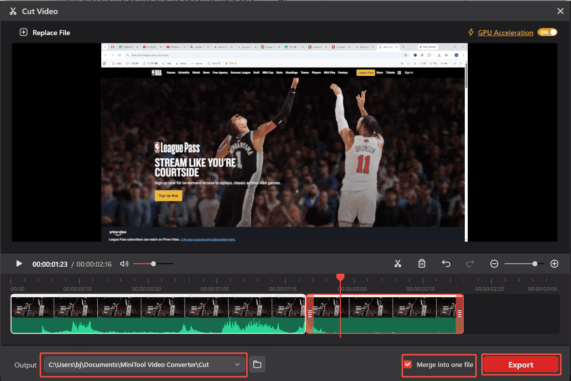 MiniTool Video Converter Cut Video interface with the Output and the Merge into one file and the Export options selected.