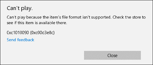 Windows Media Player error window showing codec 0xc1010090.