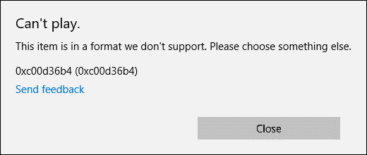 Windows Media Player error window showing codec 0xc00d36b4.