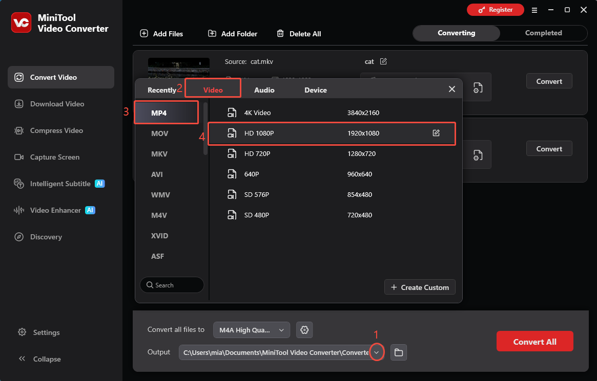 MiniTool Video Converter interface showing how to choose MP4 as the output format.