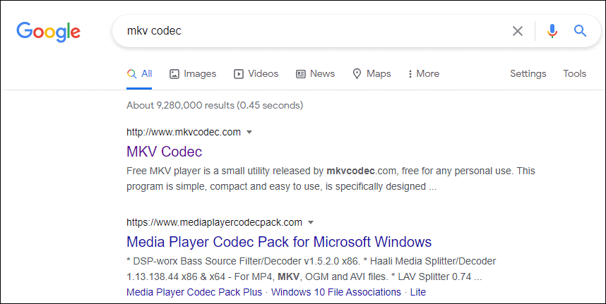 Google search result page with the text saying mkv codec in the search bar.
