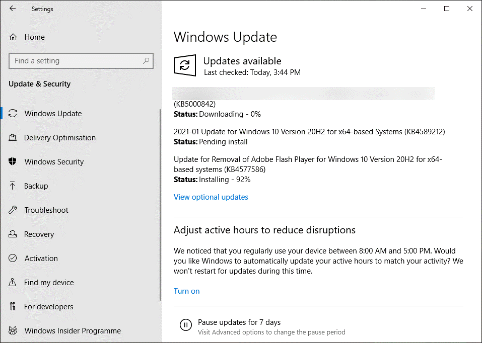 Windows Settings window with the Windows Update option selected.