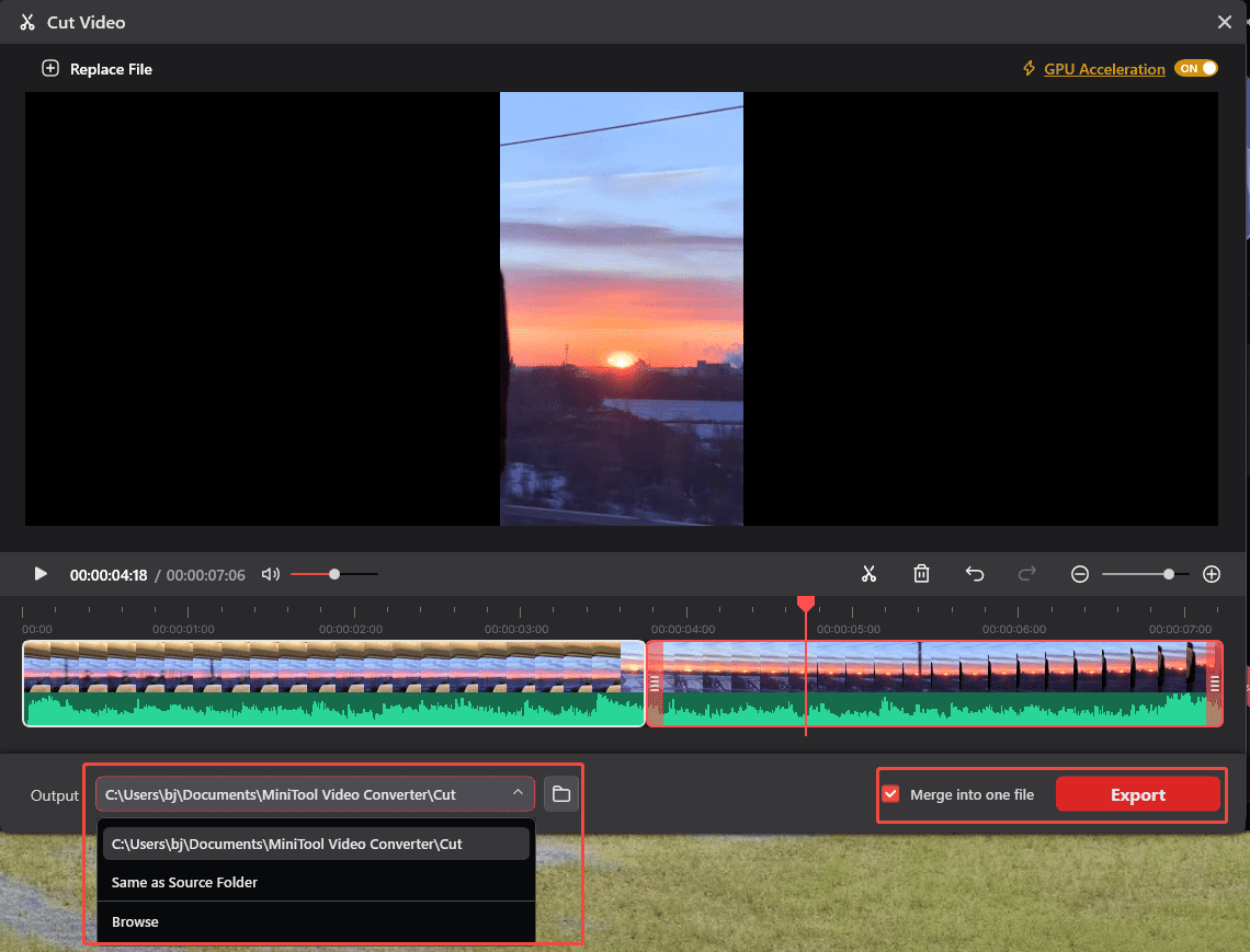 MiniTool Video Converter with the Output option expanded and the Merge into one file and Export options selected.