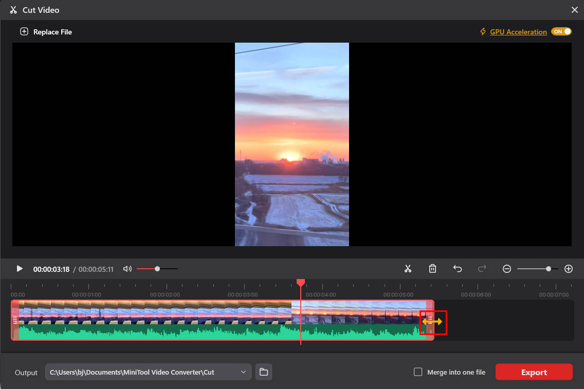 MiniTool Video Converter Cut Video interface showing how to trim the end part of the video.