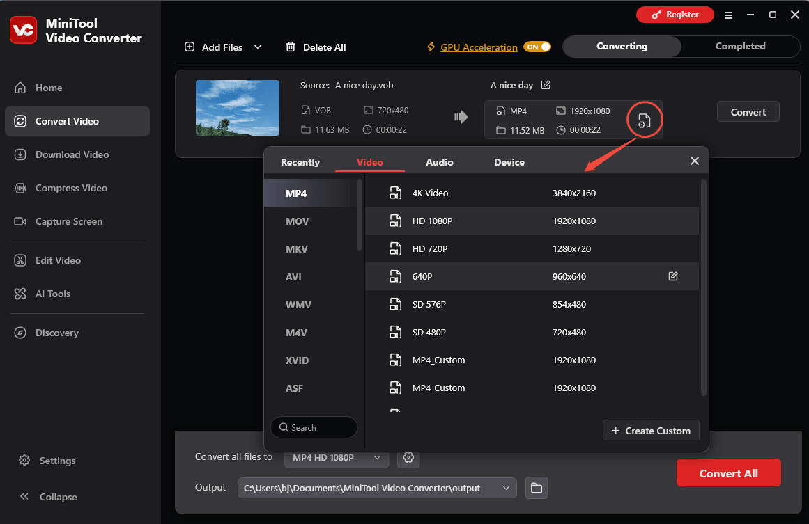 MiniTool Video Converter interface showing how to select the output format.