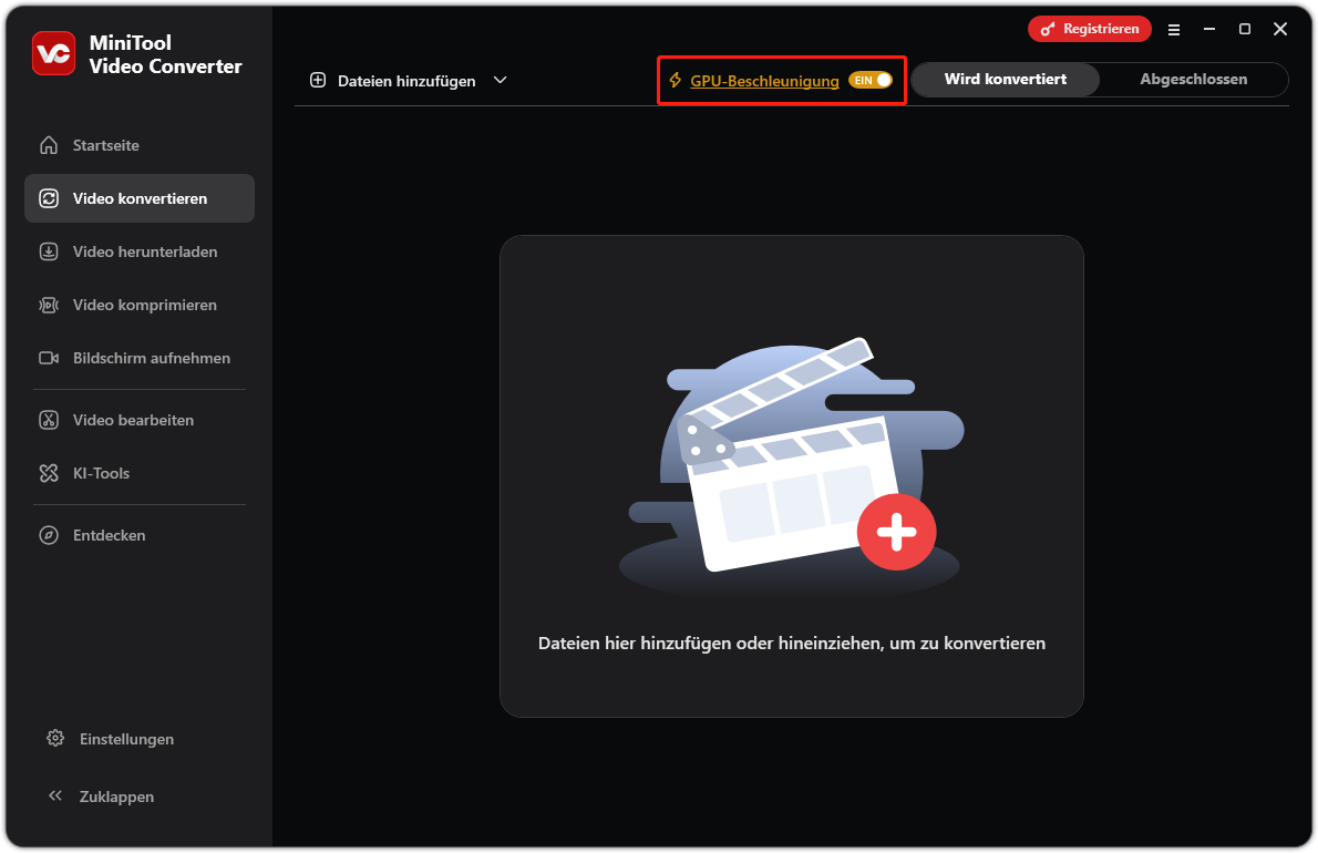 Benutzeroberfläche von MiniTool Video Converter beim Bearbeiten eines Videos mit aktivierter Option „GPU-Beschleunigung“.