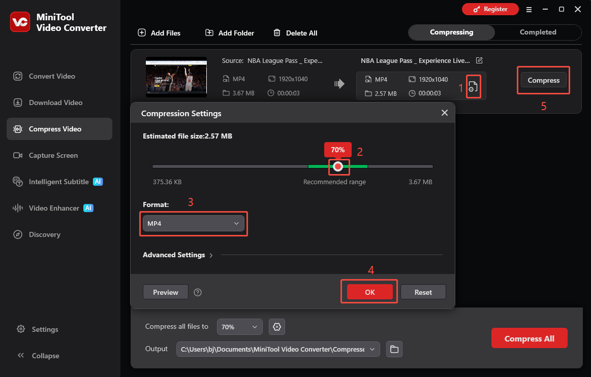 MiniTool Video Converter showing how to adjust the video compression level and start the compression process.