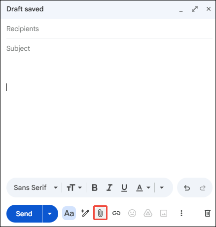 Gmail Draft saved interface with the Add files icon selected.